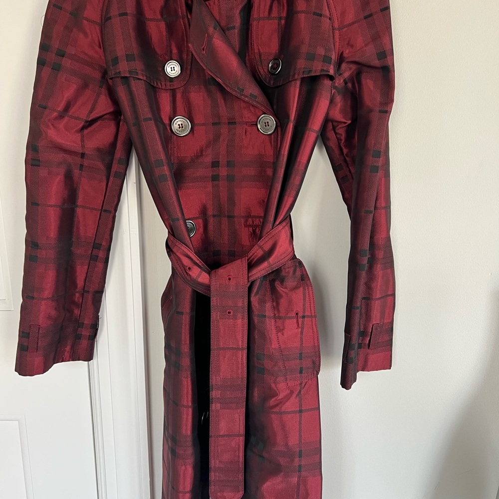 Burberry Red and Black Trench Coat with Plaid Pattern